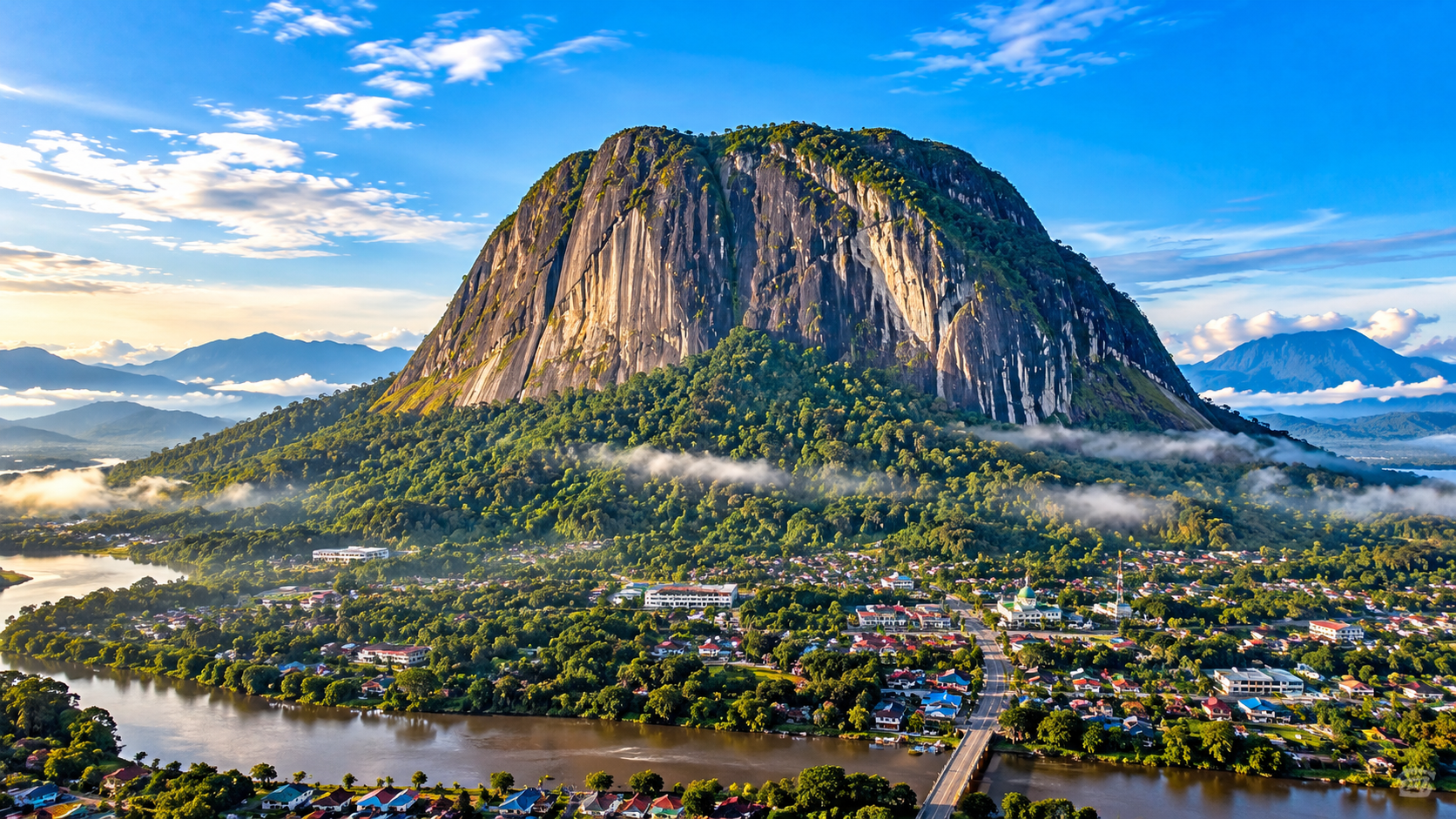 Pemandangan bukit, permukiman, dan sungai di bawah langit biru